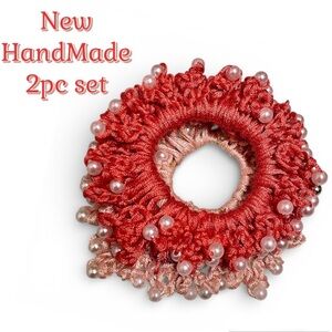 NWT Handmade Red CORAL Pink Crochet embellished faux pearls Hair Scrunchie Set